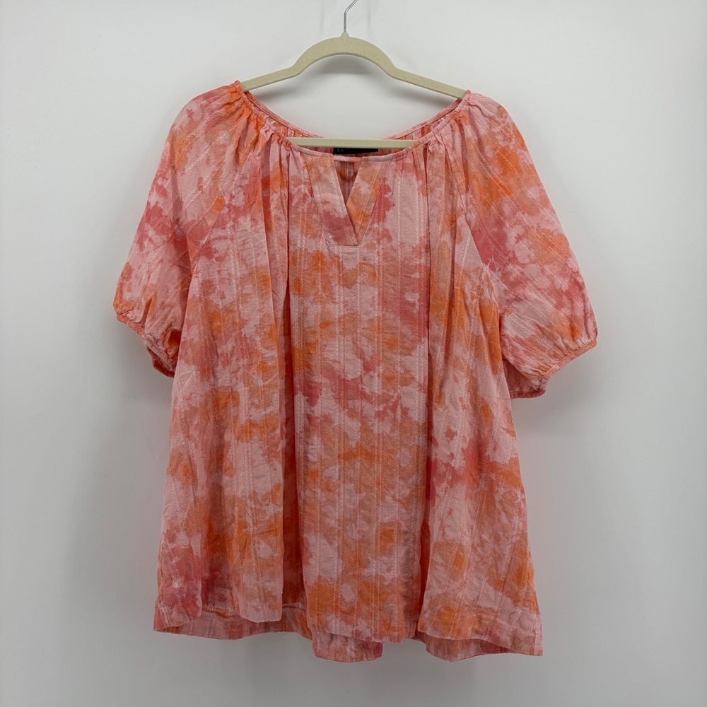 Lane Bryant Womens 22/24 Pink Tie Dye Blouse Short Puff Sleeve Split Neck Cotton